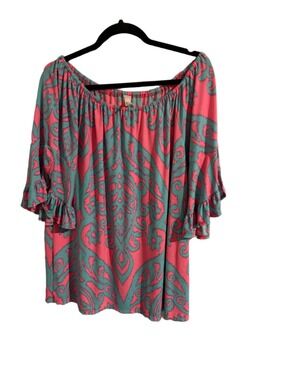 Now N Forever XL Teal & Hot Pink Paisley Ruffle Sleeve Tunic Top